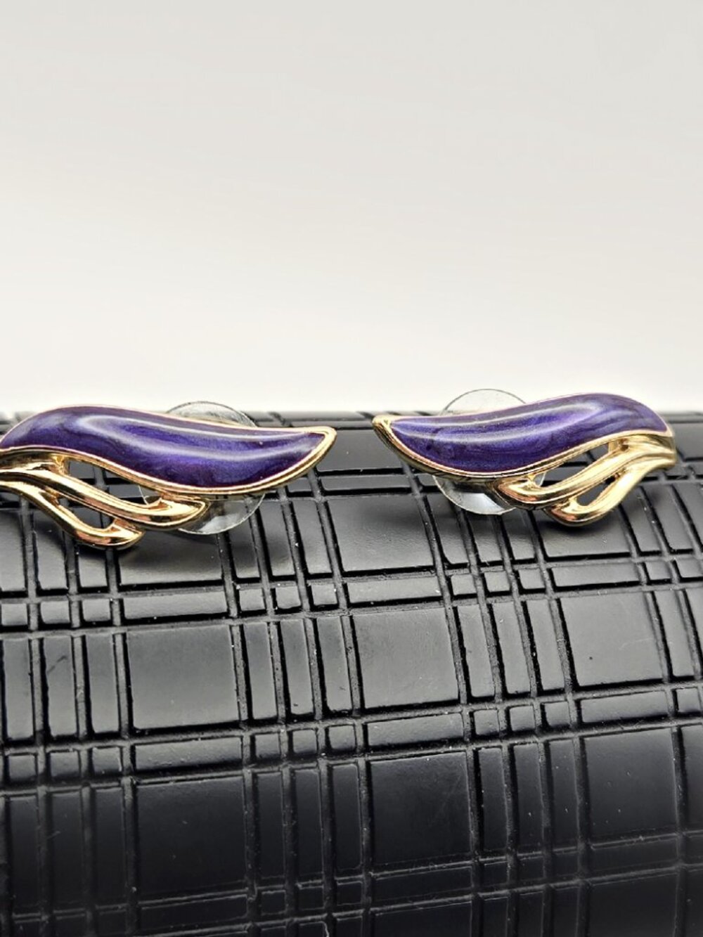 Vintage 80s Purple Enamel Gold Tone Fan Earrings Abstract Statement Retro